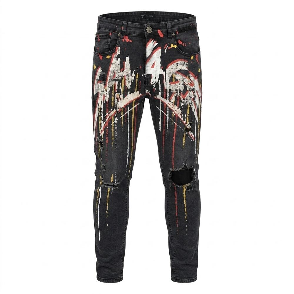 Waimea Black Distressed Skinny Denim Graphic Print Jeans Men Size W34 L32